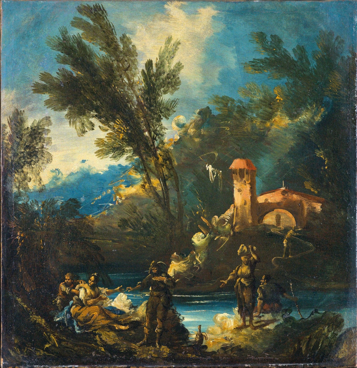 Hand-painted riverbank bridge and figures at dusk landscape oil painting on canvas