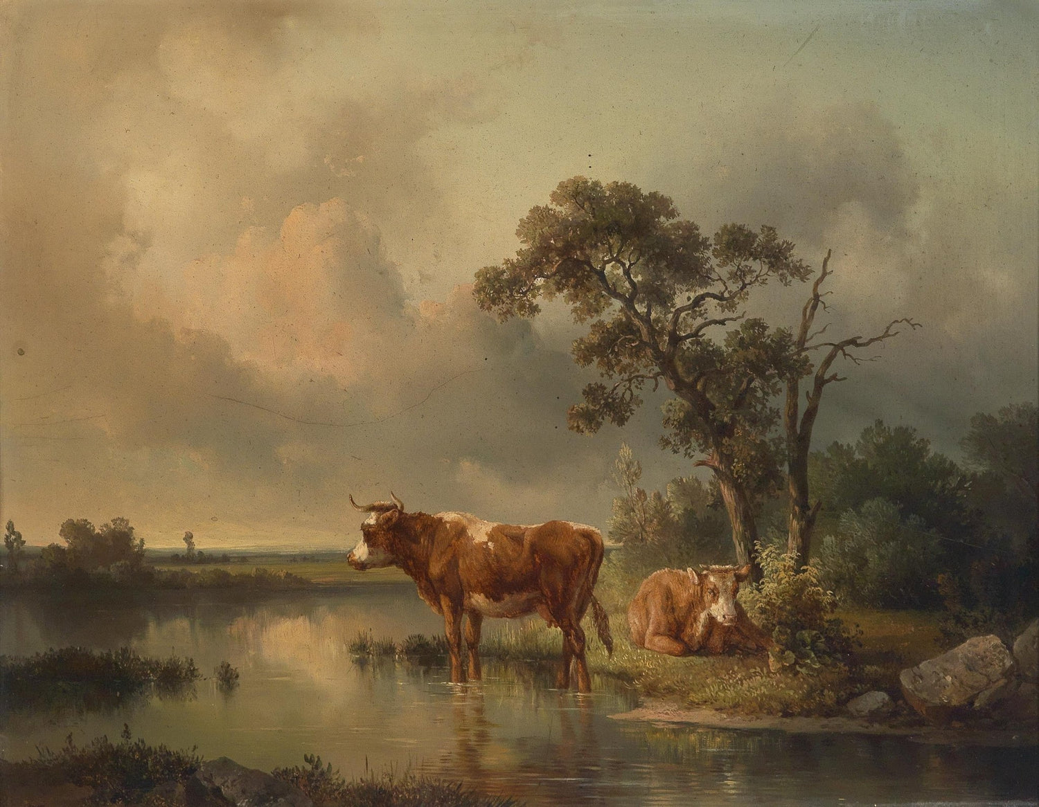 Landscape Oil Painting - Riverbank Cattle, Trees, Calm Water & Rural Sky - Oil Painting Haven