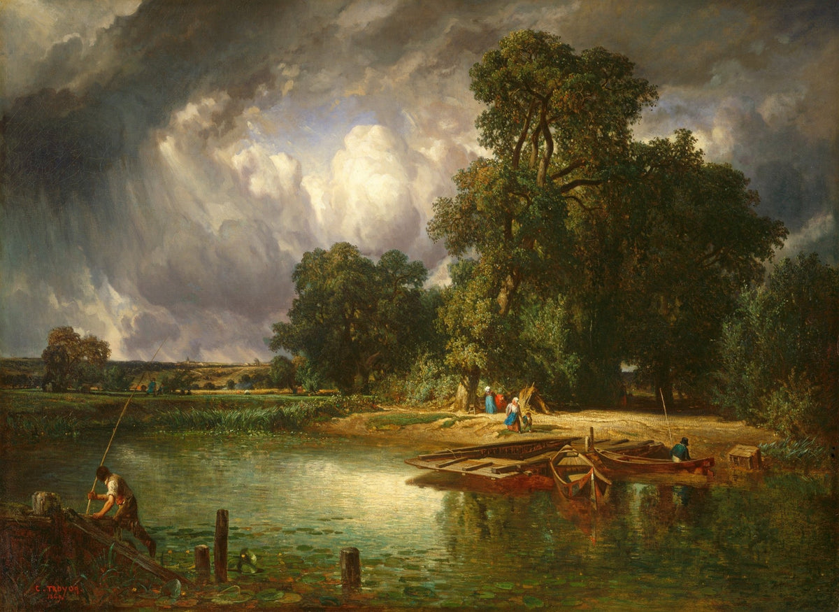 Hand painted oil on canvas landscape oil painting depicting a riverbank scene with boats and figures beneath textured. - Add Frame, Boat, Canvas, Country, Figure, Forest, Hand Painted, Landscape, Made To Order, Oil Painting