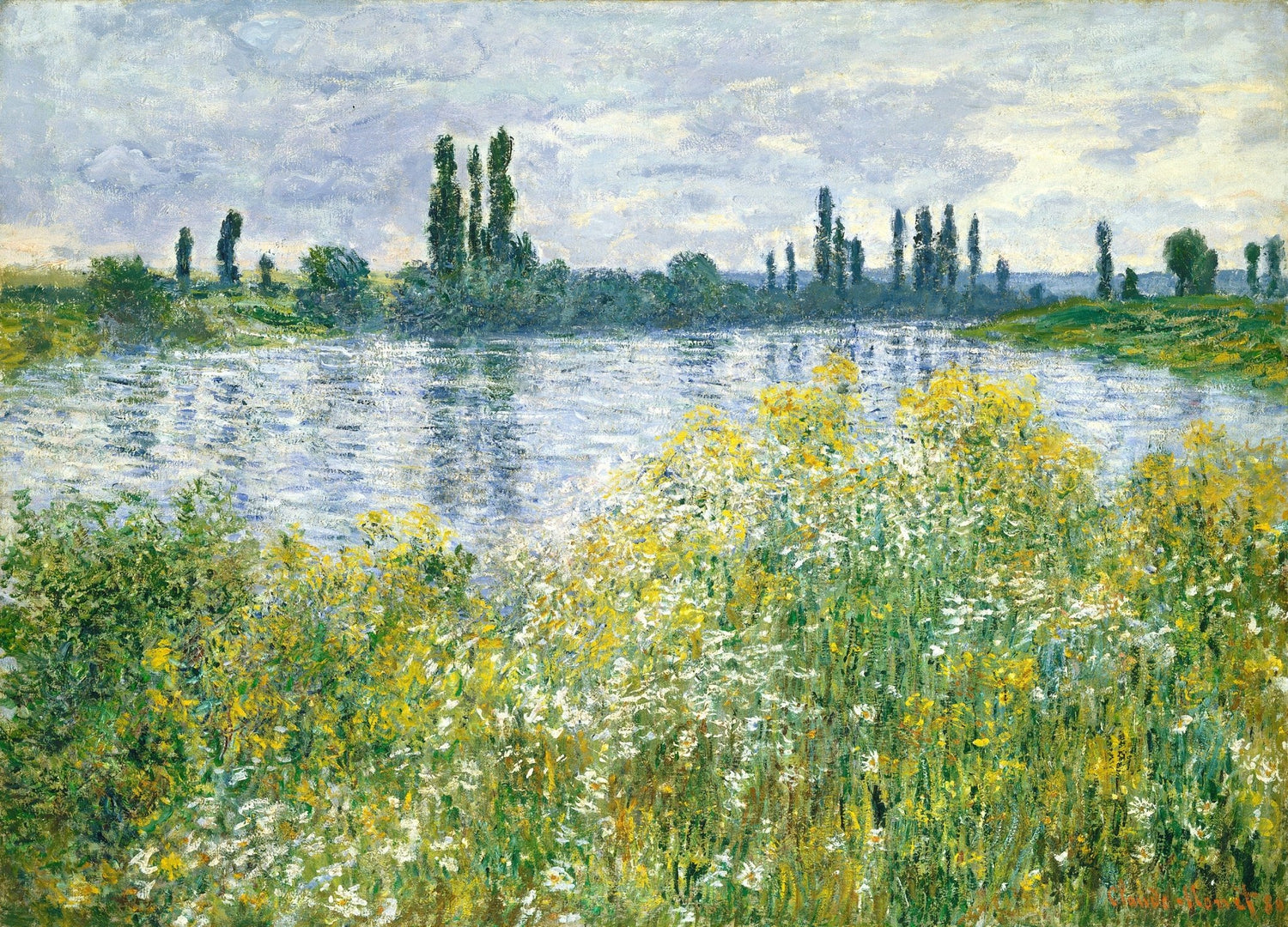 Landscape oil painting showing riverbank wildflowers in yellow and white with textured brushwork and reflective water under. - Add Frame, Canvas, Hand Painted, Landscape, Made To Order, Oil Painting