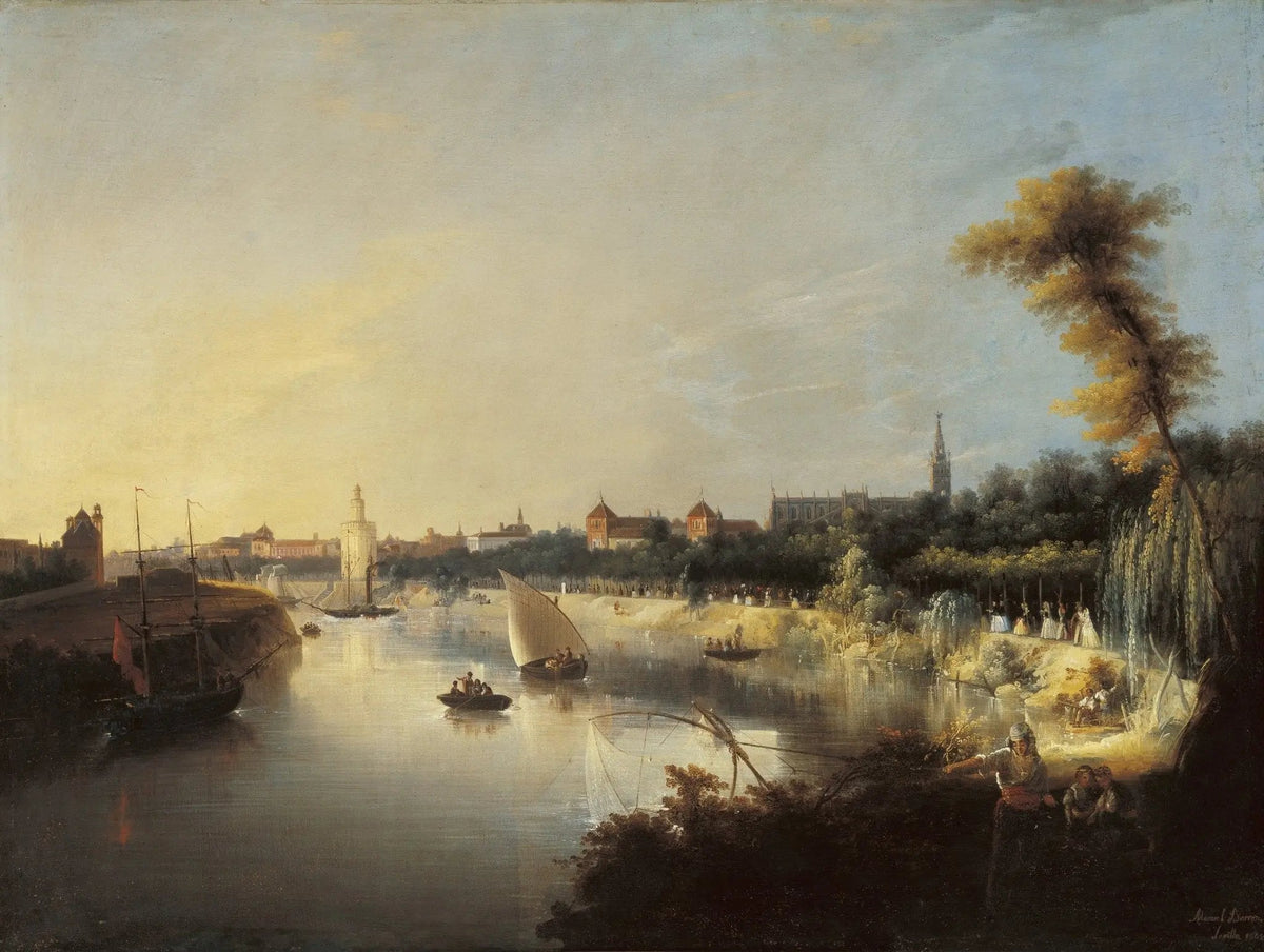 Landscape oil painting of a riverfront city with boats and figures, hand painted oil on canvas with textured brushwork and. - Add Frame, Boat, Canvas, Figure, Hand Painted, Landscape, Made To Order, Oil Painting