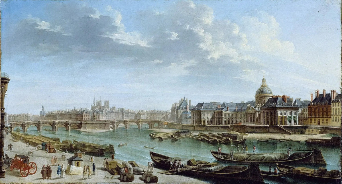 Landscape oil painting of a riverfront city with boats docked along the shore, a bridge spanning the river, and textured. - Add Frame, Architecture, Boat, Canvas, Figure, Hand Painted, Landscape, Made To Order, Oil Painting, River