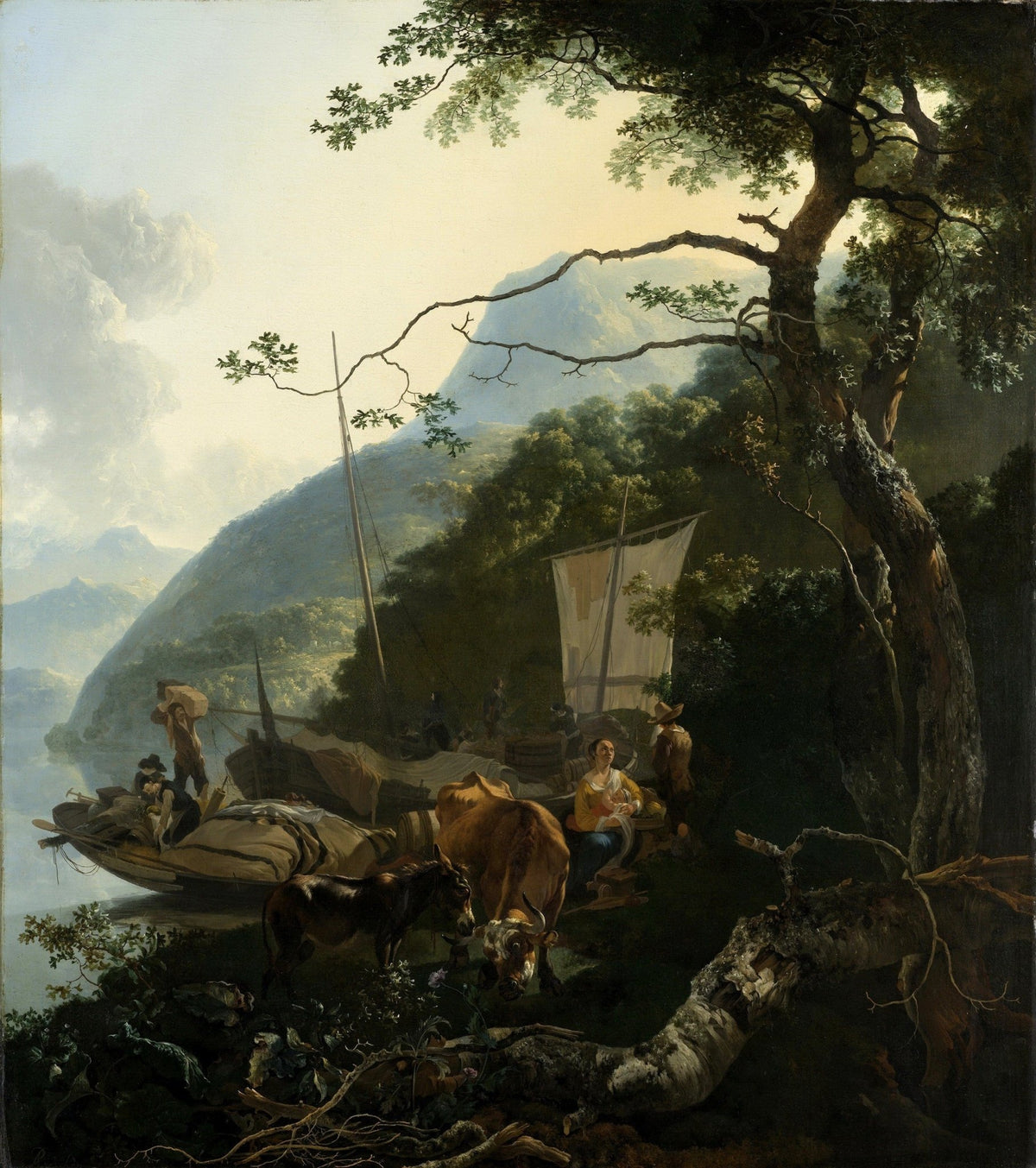 Hand painted oil on canvas landscape oil painting with textured brushwork depicting riverside boats, figures, cattle, and. - Add Frame, Animal, Boat, Canvas, Farm, Figure, Hand Painted, Landscape, Made To Order, Oil Painting, River
