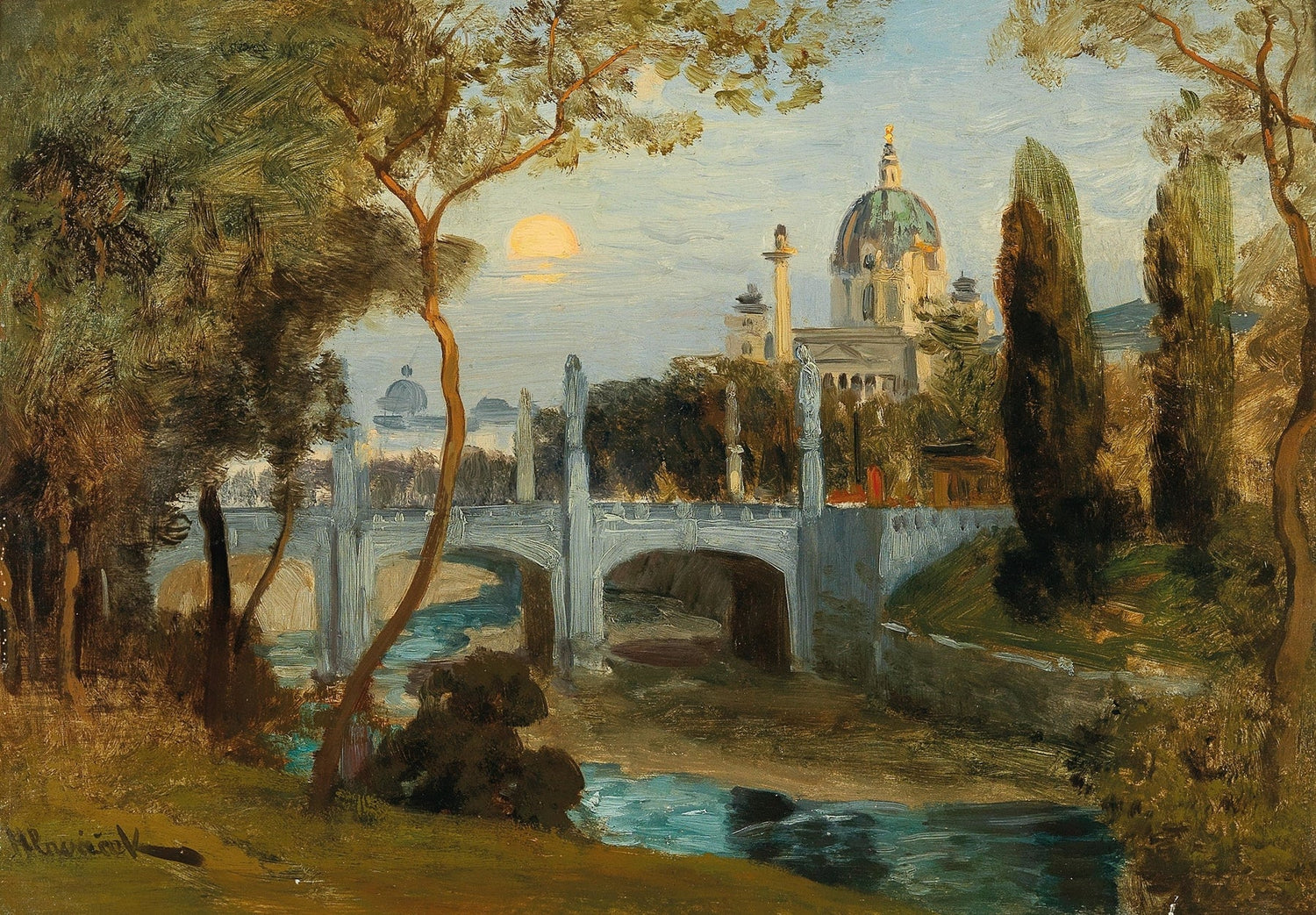 Hand-painted riverside bridge and domed church view landscape oil painting on canvas