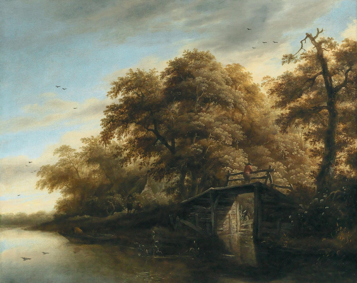 Hand-painted riverside bridge beneath golden trees landscape oil painting on canvas