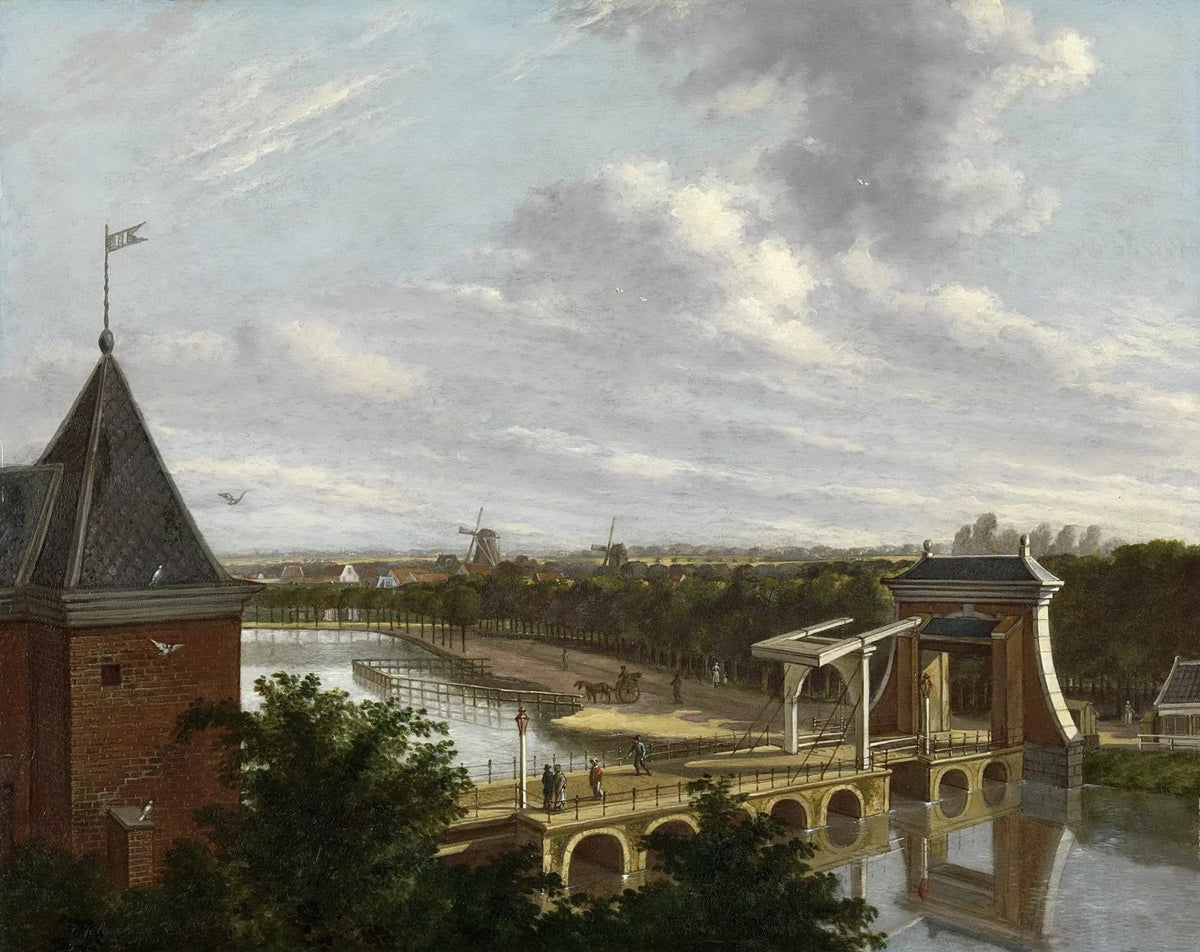 Landscape oil painting of a riverside bridge with figures, hand painted oil on canvas with textured brushwork and windmills. - Add Frame, Architecture, Canvas, Figure, Hand Painted, Landscape, Made To Order, Oil Painting, River