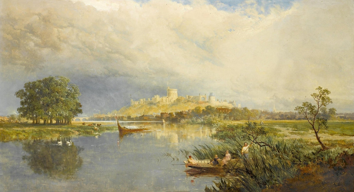 Hand-painted riverside castle and reflective sky view landscape oil painting on canvas
