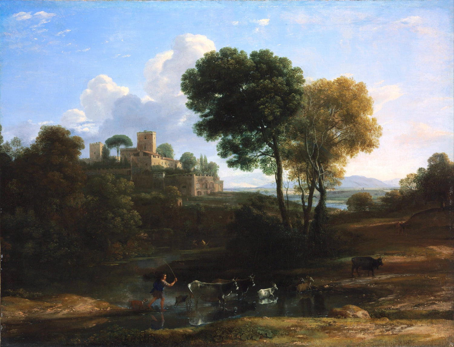 Landschaftsölgemälde - Schloss und Vieh am Flussufer