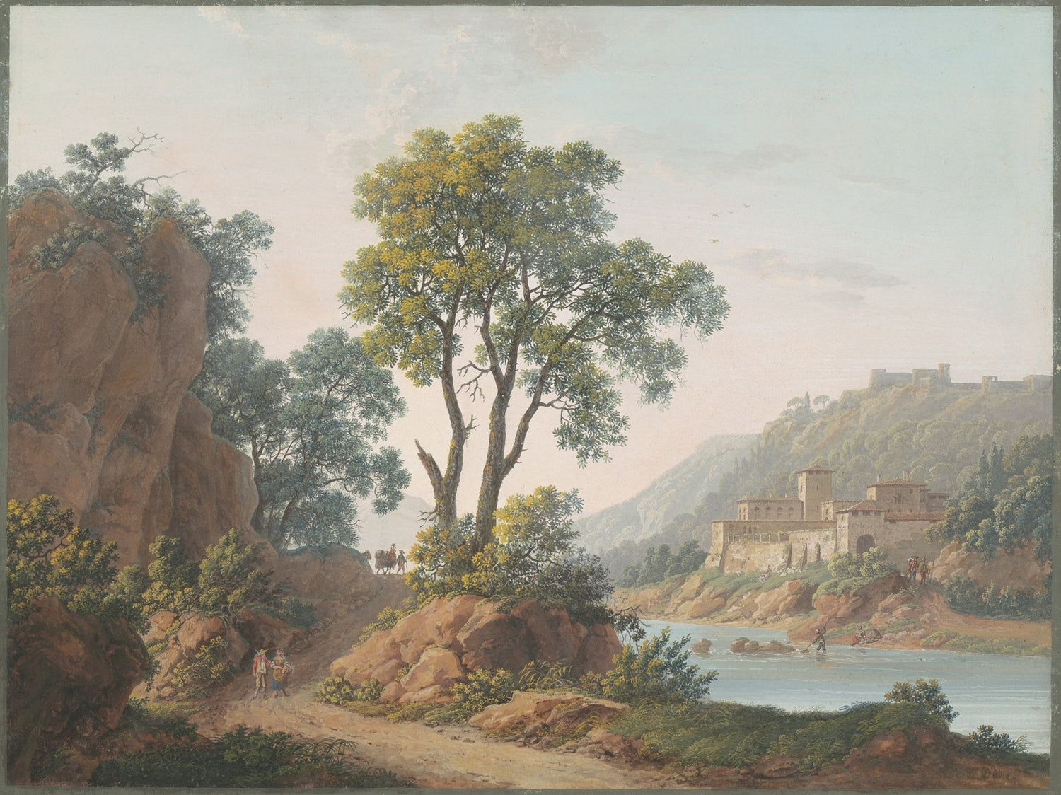 Hand-painted riverside castle valley and travelers landscape oil painting on canvas