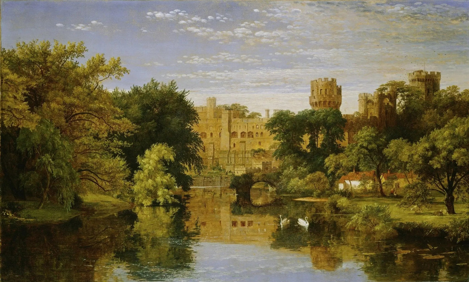 Hand painted landscape oil painting on canvas depicting a riverside castle with textured brushwork, swans gliding on calm. - Add Frame, Architecture, Canvas, Castle, Hand Painted, Landscape, Made To Order, Oil Painting, River