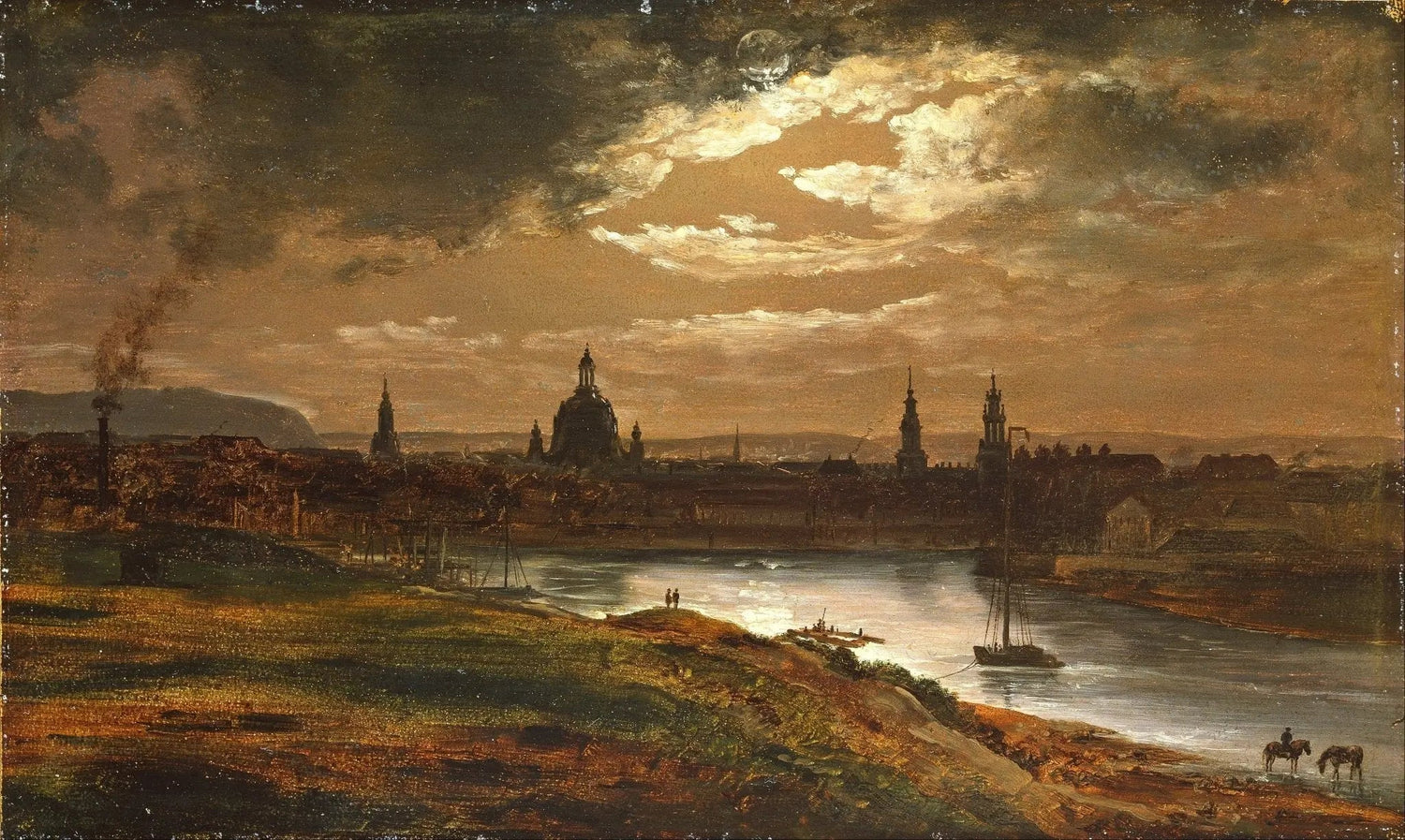 Hand painted landscape oil painting of a historic riverside city at dusk with glowing clouds, textured brushwork on canvas. - Add Frame, Canvas, Hand Painted, Landscape, Made To Order, Oil Painting, River, Sunset
