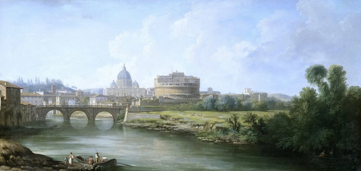 Hand painted landscape oil painting of riverside city scene with arched stone bridge, textured brushwork on canvas, soft. - Add Frame, Architecture, Canvas, Figure, Hand Painted, Landscape, Made To Order, Oil Painting, River