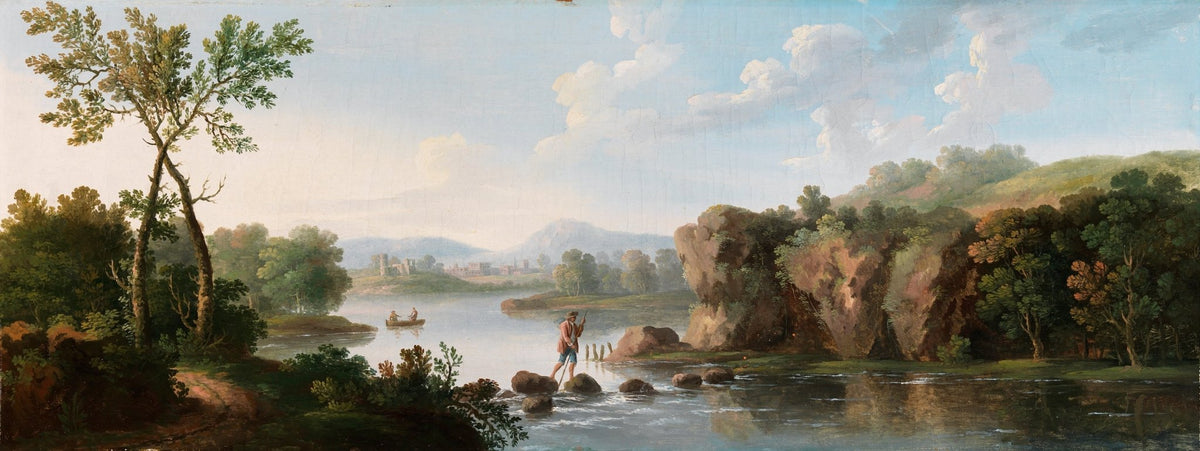 Hand-painted riverside cliffs with fisherman landscape oil painting on canvas