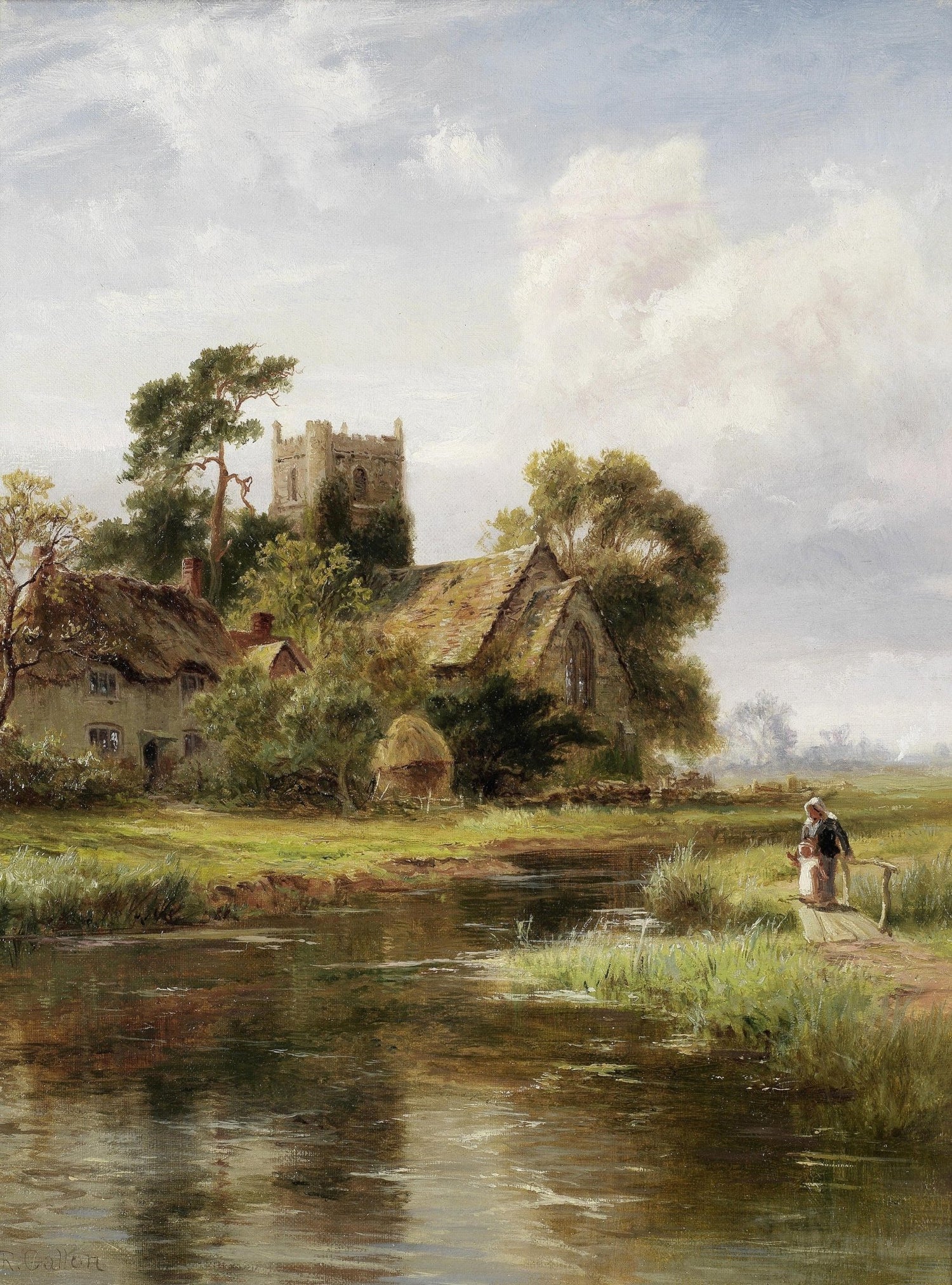 Hand-painted riverside cottage and church tower view landscape oil painting on canvas