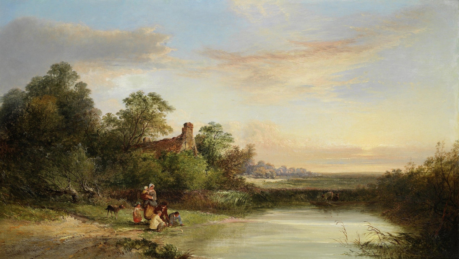Hand-painted riverside cottage and family at sunset landscape oil painting on canvas