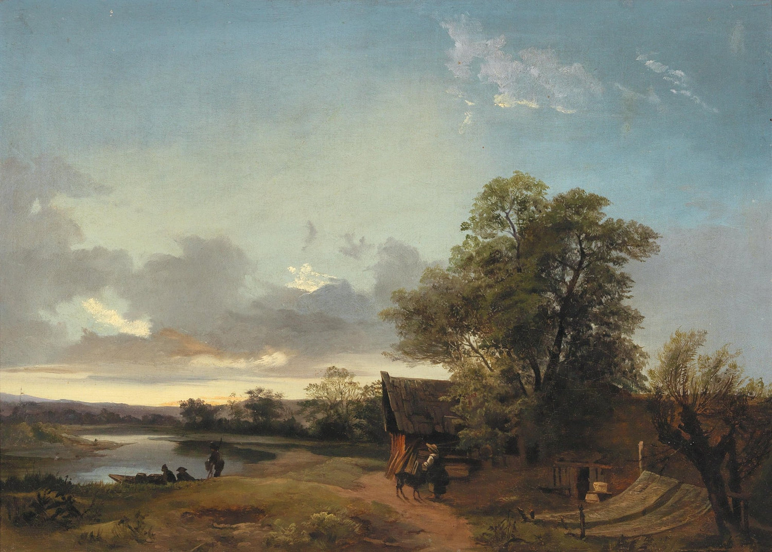 Hand-painted riverside cottage at evening light landscape oil painting on canvas