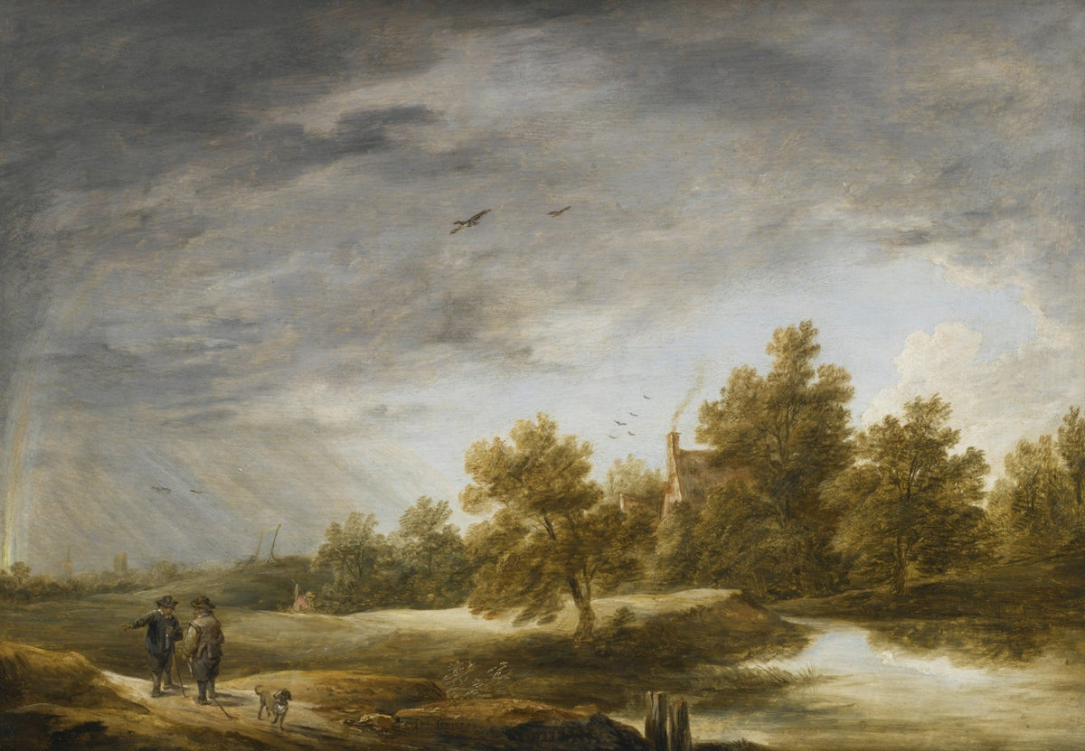Hand-painted riverside cottage beneath dramatic sky landscape oil painting on canvas