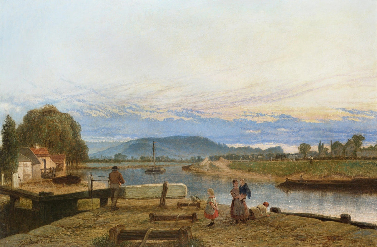 Hand-painted riverside dock at evening light landscape oil painting on canvas