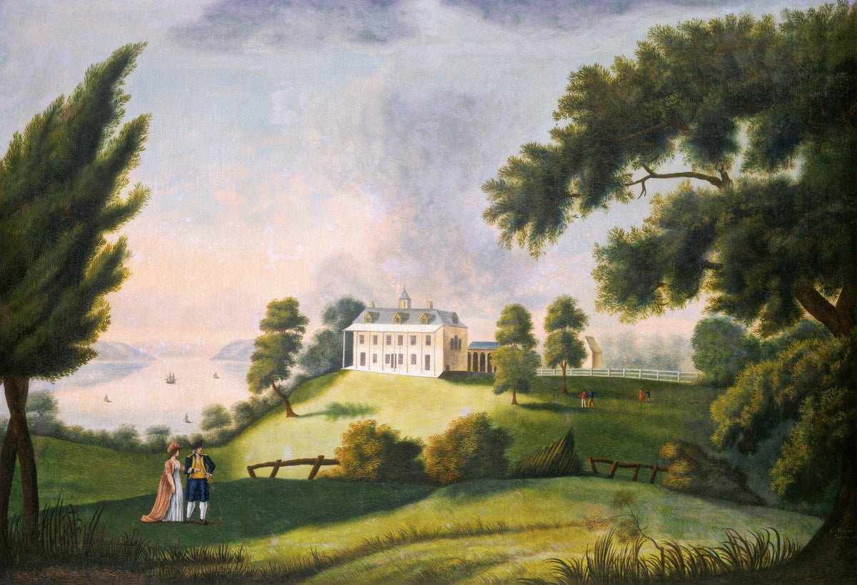 Landscape oil painting of a riverside estate with trees and figures, hand painted oil on canvas with textured brushwork. - Add Frame, Canvas, Figure, Forest, Hand Painted, Landscape, Made To Order, Oil Painting, River