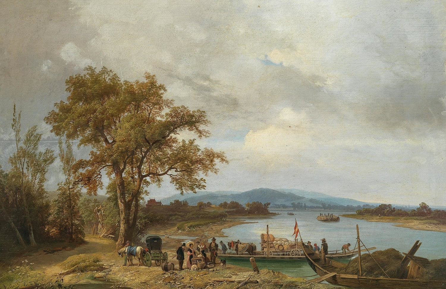 Hand-painted riverside ferry and country landing landscape oil painting on canvas