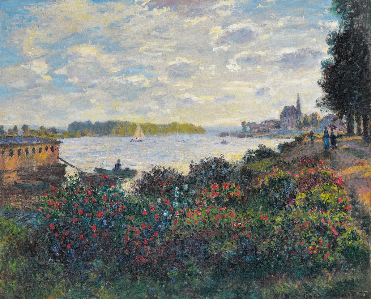 Hand-painted riverside garden at sunset with sailboat landscape oil painting on canvas