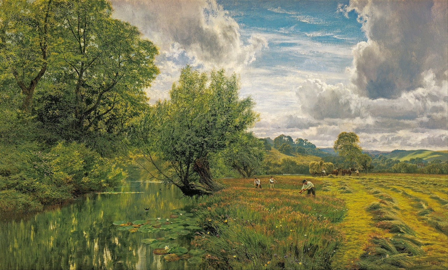 Hand-painted riverside hayfield with willow trees landscape oil painting on canvas