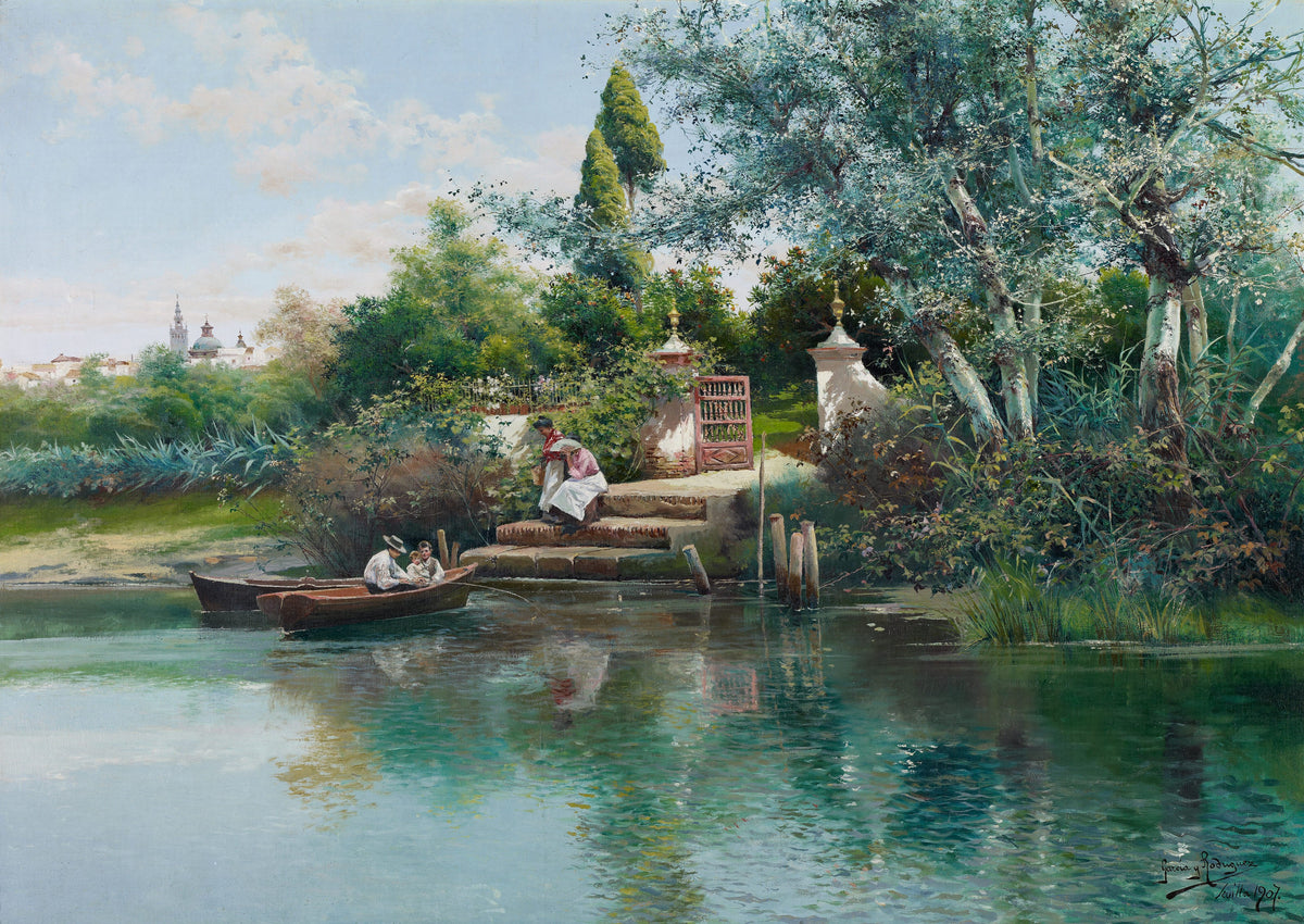 Landscape oil painting of a calm riverside with textured brushwork showing boats, figures, and lush greenery along a dock in . - Add Frame, Boat, Canvas, Figure, Hand Painted, Harbor, Landscape, Made To Order, Oil Painting, River, Seascape