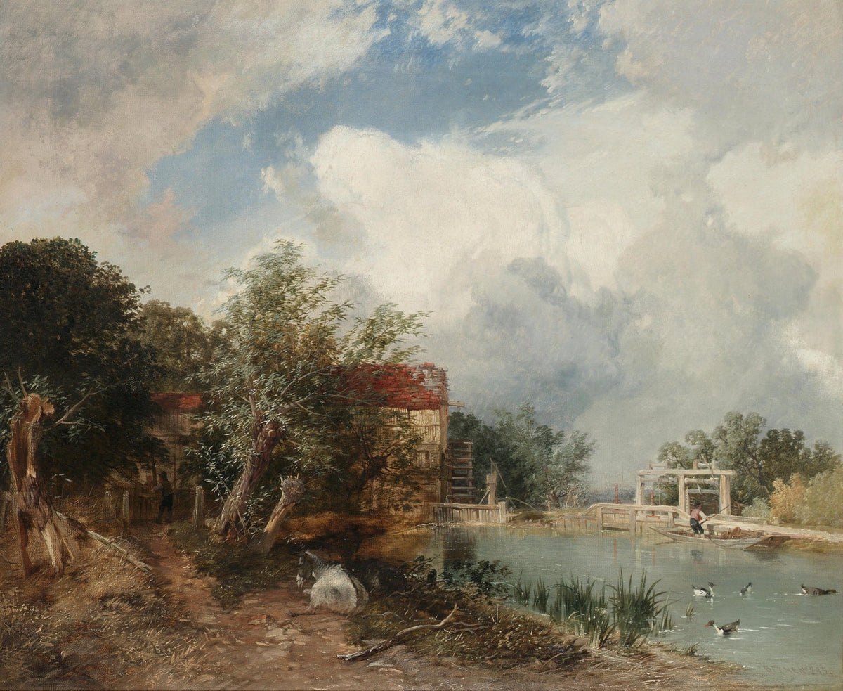 Hand-painted riverside lock and mill under cloudy sky landscape oil painting on canvas