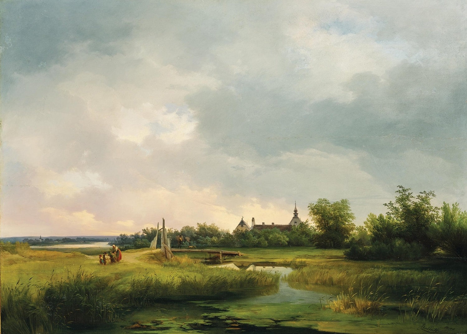 Hand-painted riverside marsh and distant chapel landscape oil painting on canvas