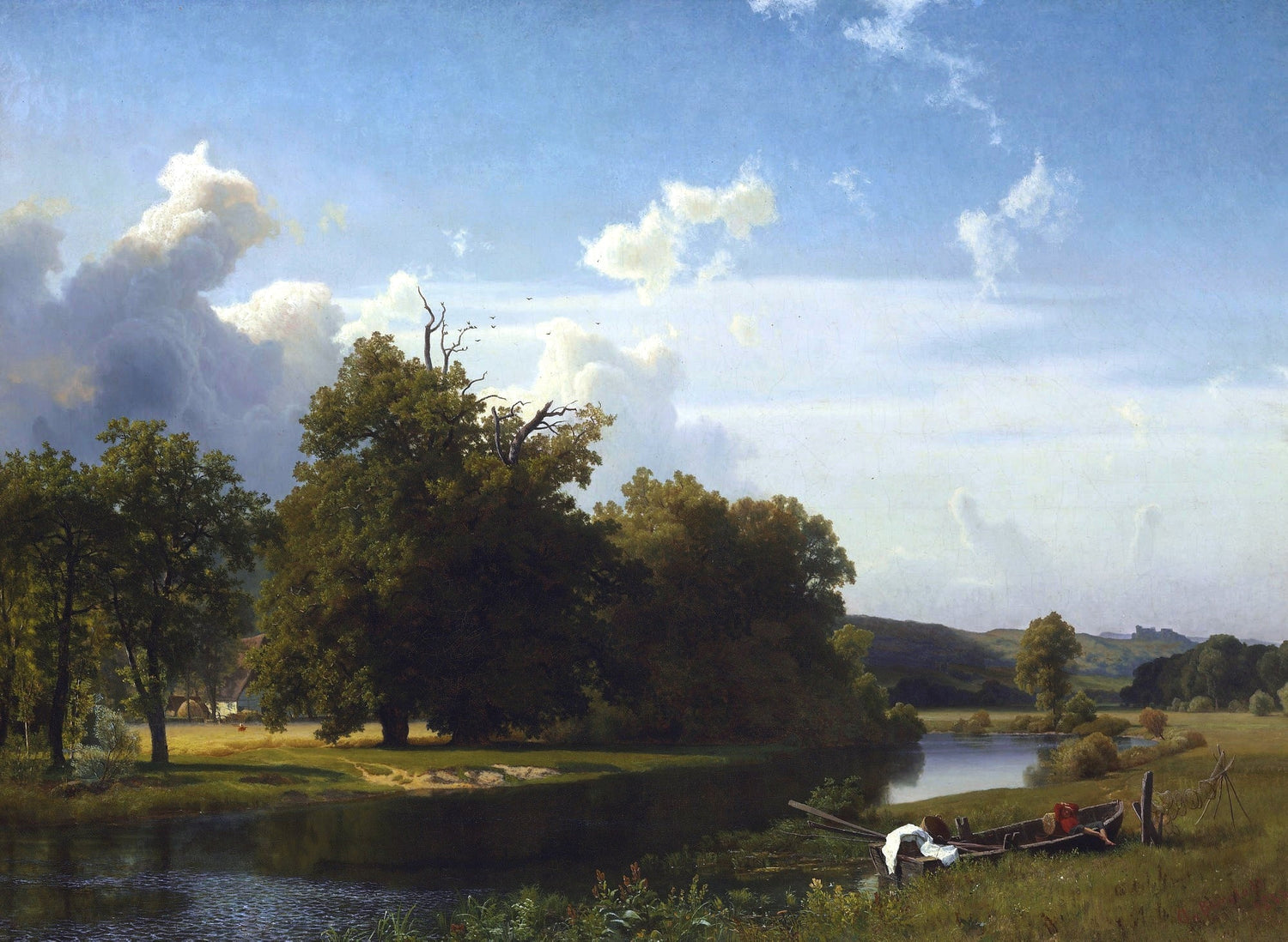 Peinture à l'huile de paysage - Bord de rivière, grand chêne, bateau et maisonnette au loin