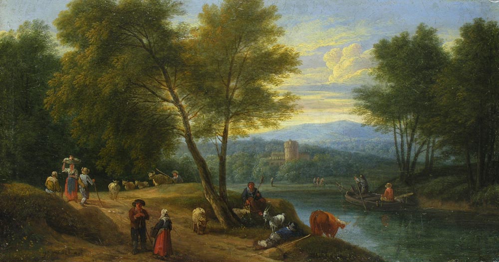 Hand-painted riverside pastoral scene with figures landscape oil painting on canvas