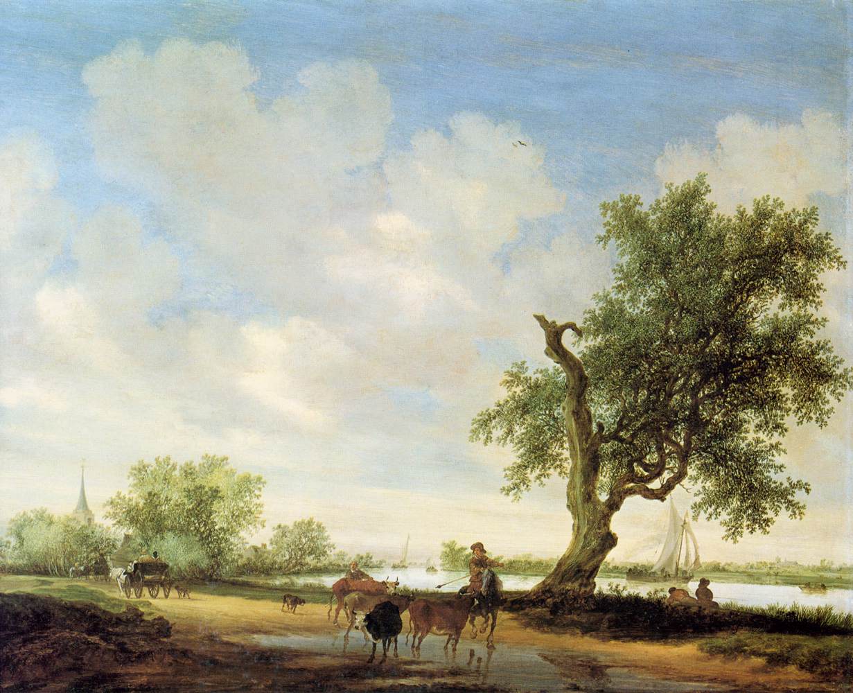 Hand-painted riverside path with cattle and sailboat landscape oil painting on canvas