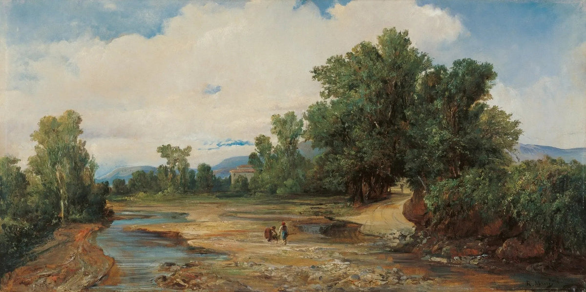 Hand painted landscape oil painting on canvas featuring a winding river, two figures walking along a path, lush green trees, . - Add Frame, Canvas, Country, Figure, Hand Painted, Landscape, Made To Order, Mountain, Oil Painting, River, Road