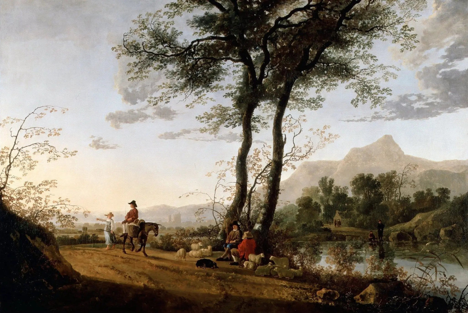 Landscape oil painting of a riverside path with figures, a horse, and sheep, hand painted oil on canvas with textured. - Add Frame, Animal, Canvas, Country, Farm, Figure, Hand Painted, Landscape, Made To Order, Oil Painting, River, Road