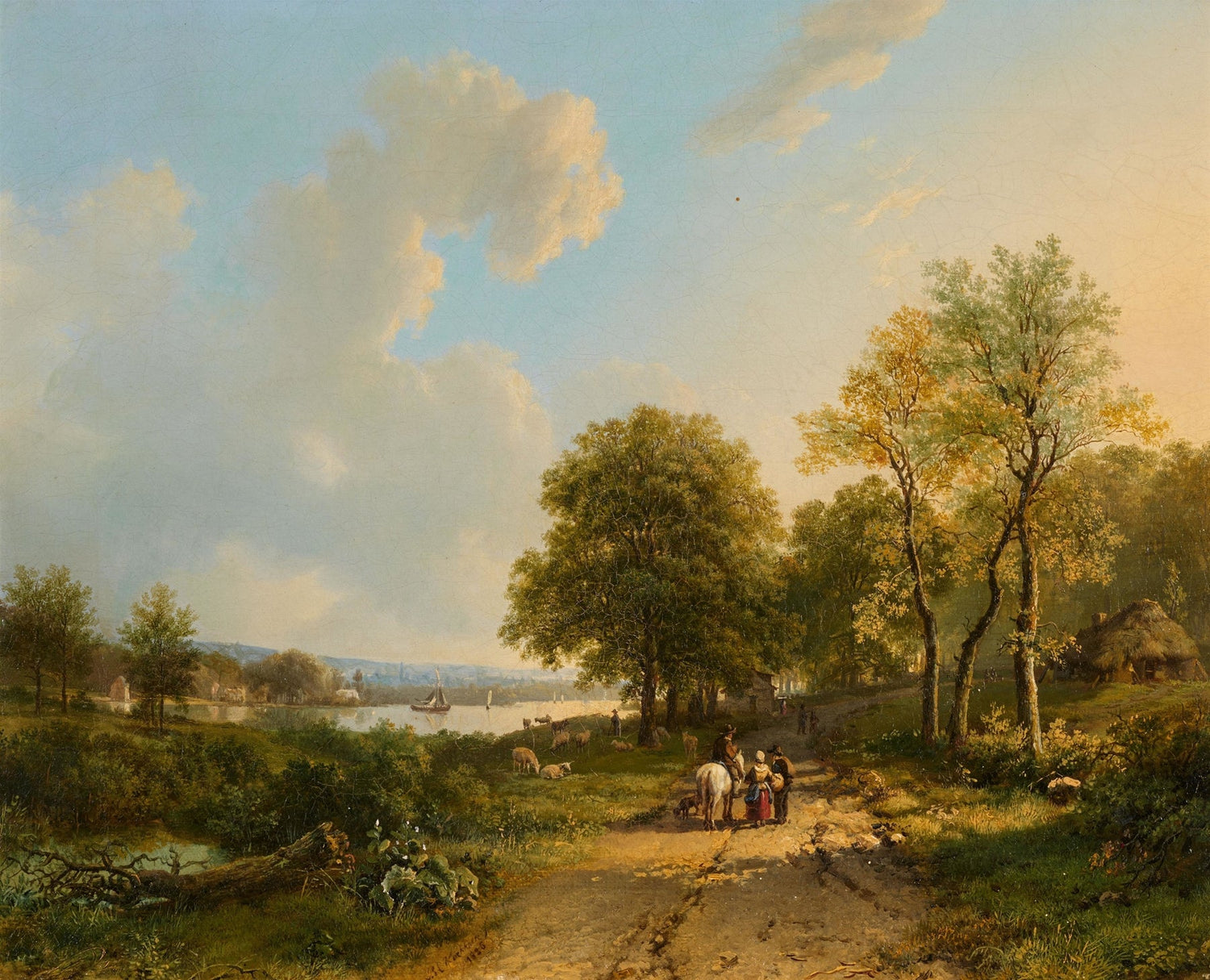 Hand-painted riverside path with rider and walkers landscape oil painting on canvas