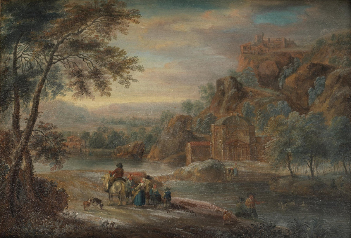 Hand-painted riverside ruins and castle with figures landscape oil painting on canvas