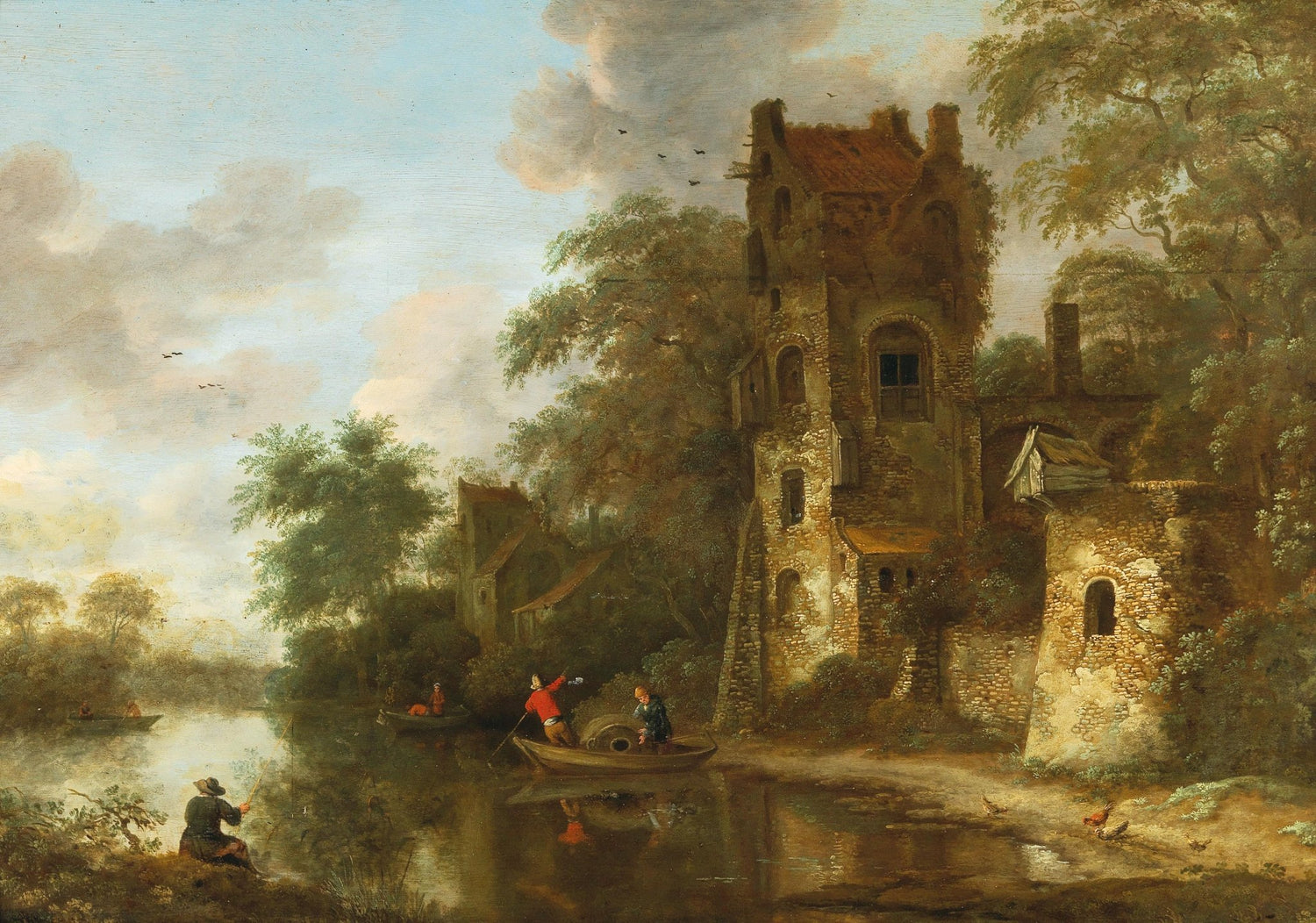 Hand-painted riverside ruins with boats and anglers landscape oil painting on canvas