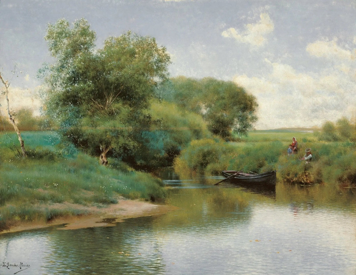 Landscape oil painting with textured brushwork depicting a serene river scene, boat, and figures amid lush greenery under a. - Add Frame, Boat, Canvas, Figure, Hand Painted, Harbor, Landscape, Made To Order, Oil Painting, River, Seascape