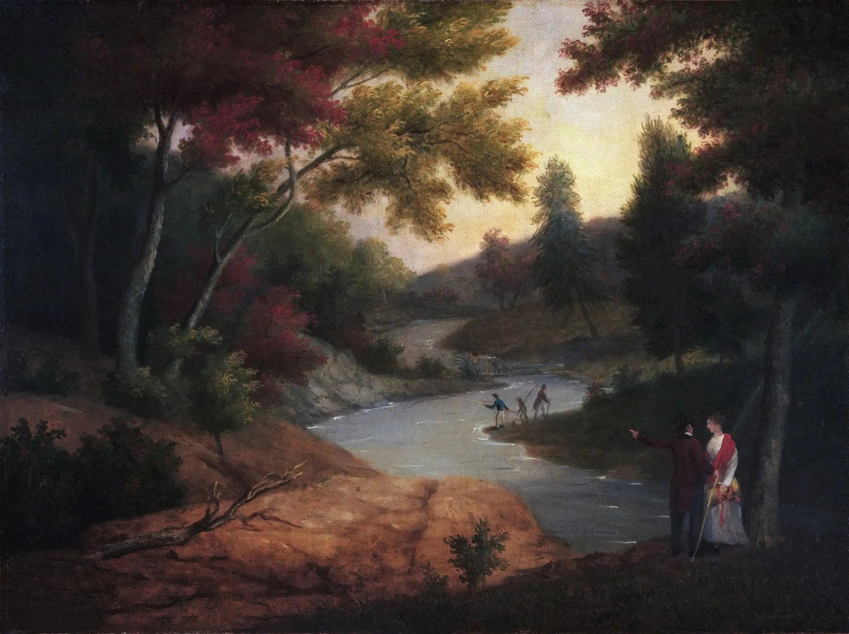 Hand painted oil on canvas landscape oil painting of a serene riverside scene with textured brushwork, featuring figures. - Add Frame, Canvas, Figure, Hand Painted, Landscape, Made To Order, Oil Painting, River