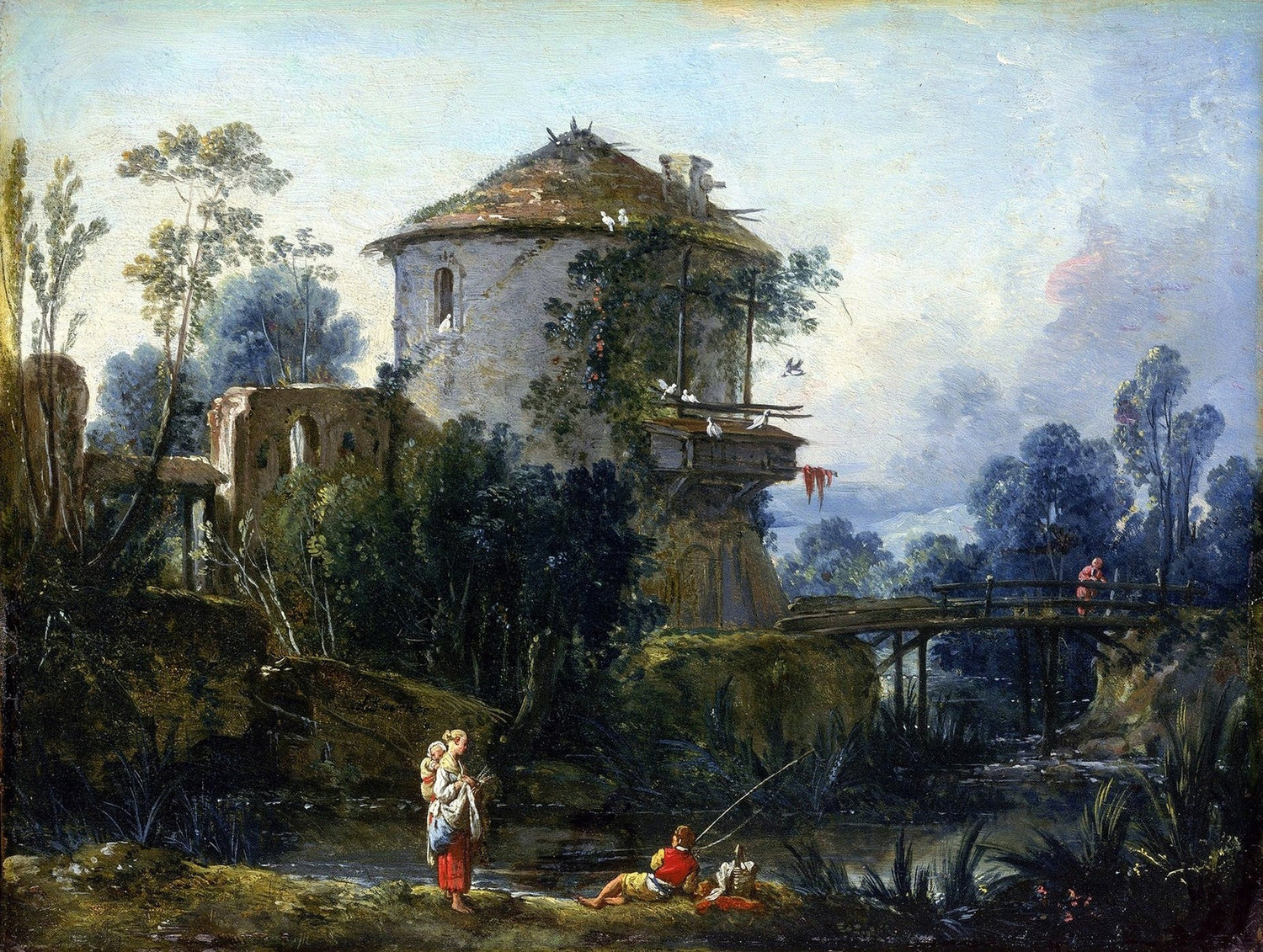 Hand painted landscape oil painting on canvas depicting riverside tower and arched bridge with textured brushwork and. - Add Frame, Architecture, Canvas, Country, Figure, Hand Painted, Landscape, Made To Order, Oil Painting, River