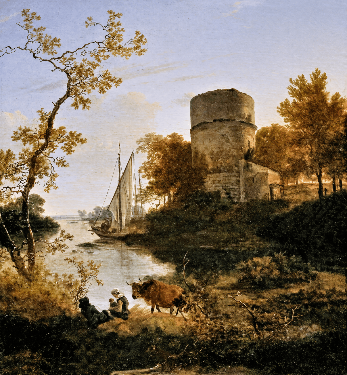 Hand-painted riverside tower with sailboat at sunset landscape oil painting on canvas