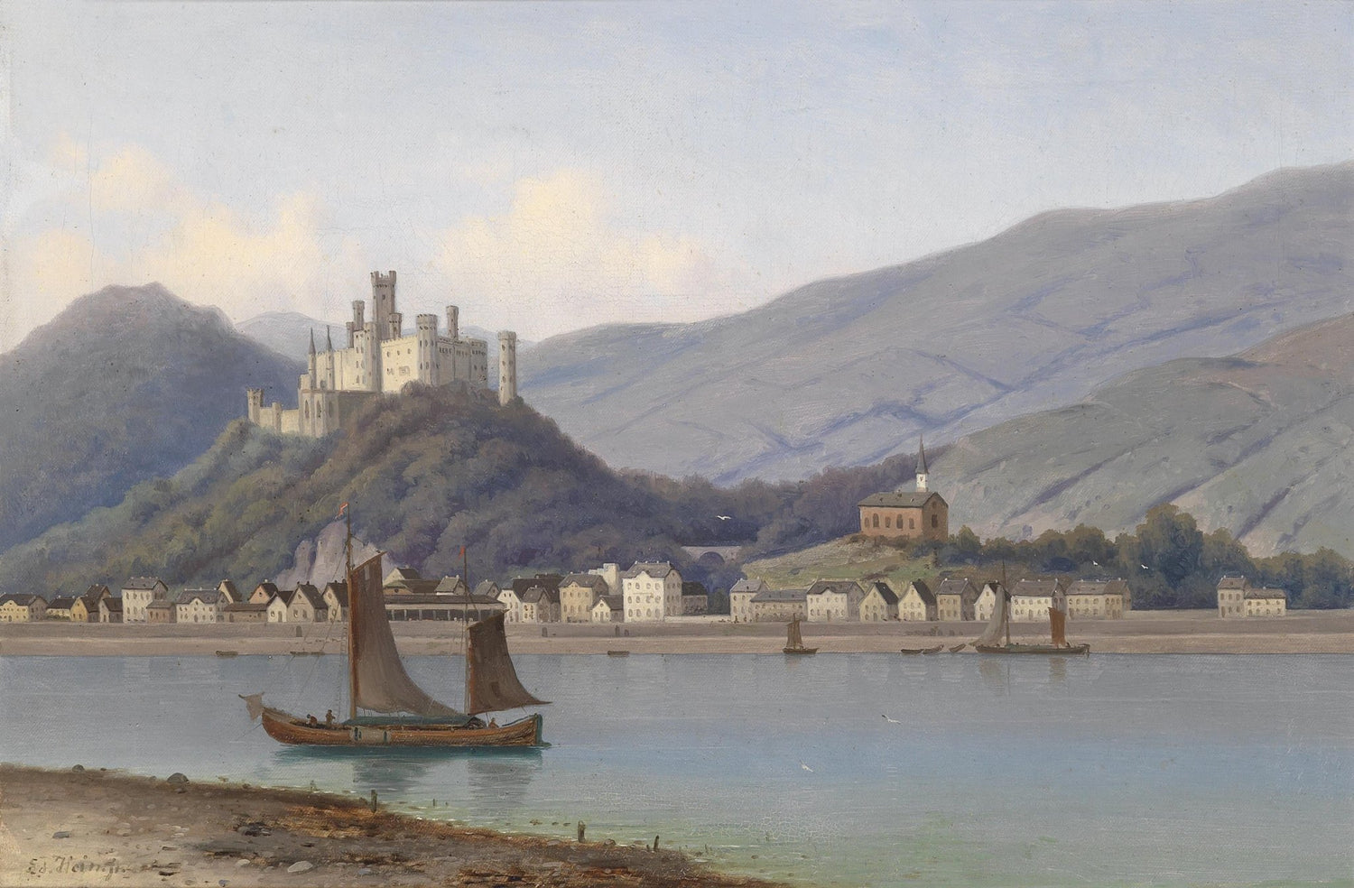 Landscape Oil Painting - Riverside Town & Castle,Sailboats, Church - Oil Painting Haven