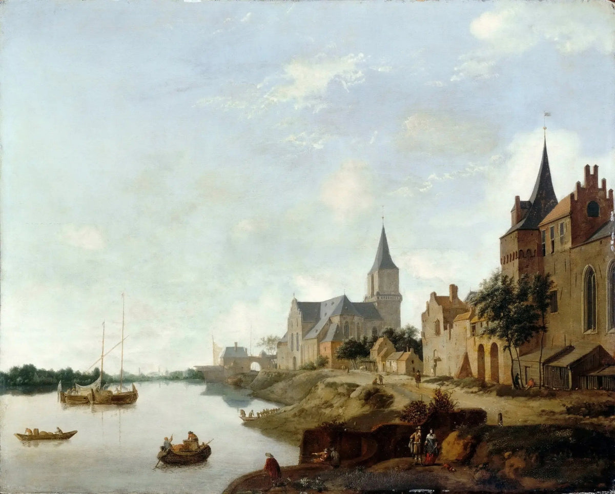 Landscape oil painting of historic riverside town with boats, textured brushwork on oil on canvas. - Add Frame, Architecture, Boat, Canvas, Hand Painted, Landscape, Made To Order, Oil Painting, River, Village