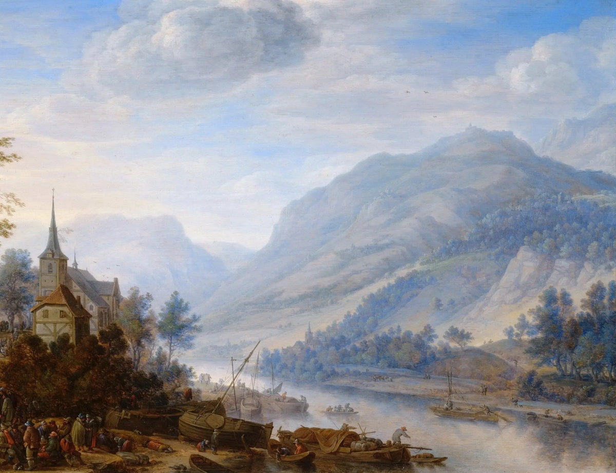 Hand painted landscape oil painting of riverside village with boats, mountains, and textured brushwork on canvas. - Add Frame, Boat, Canvas, Hand Painted, Landscape, Made To Order, Mountain, Oil Painting, River, Village