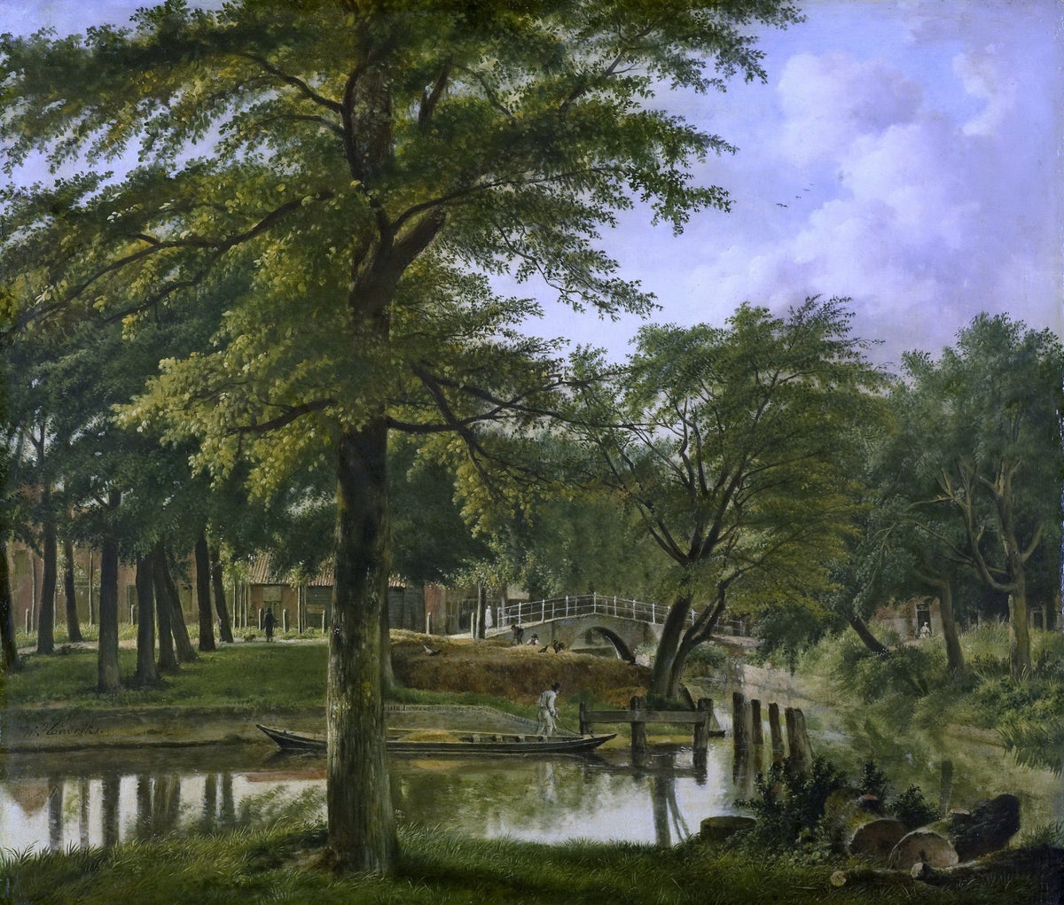Landscape oil painting of riverside with lush trees and arched bridge, hand painted oil on canvas with textured brushwork. - Add Frame, Architecture, Canvas, Forest, Hand Painted, Landscape, Made To Order, Oil Painting, River