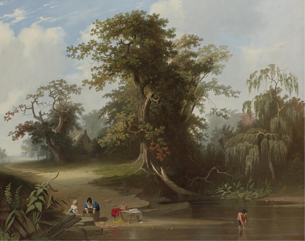 Hand-painted riverside trees with washerwomen landscape oil painting on canvas
