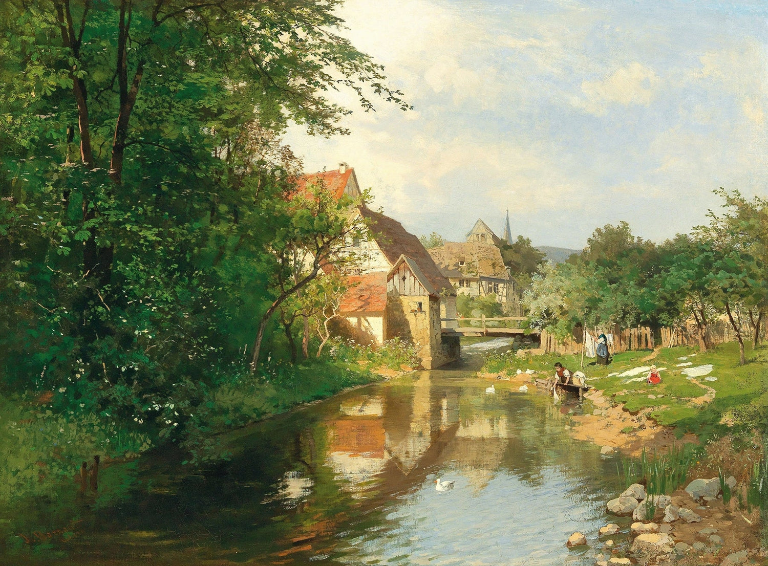 Hand-painted riverside village and quiet stream landscape oil painting on canvas