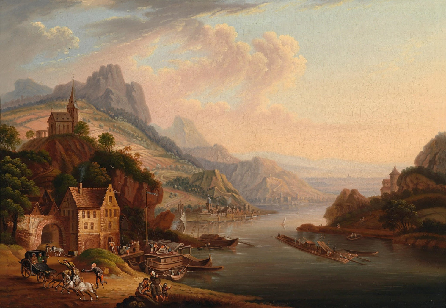 Landscape Oil Painting - Riverside village mountain church & sunset - Oil Painting Haven