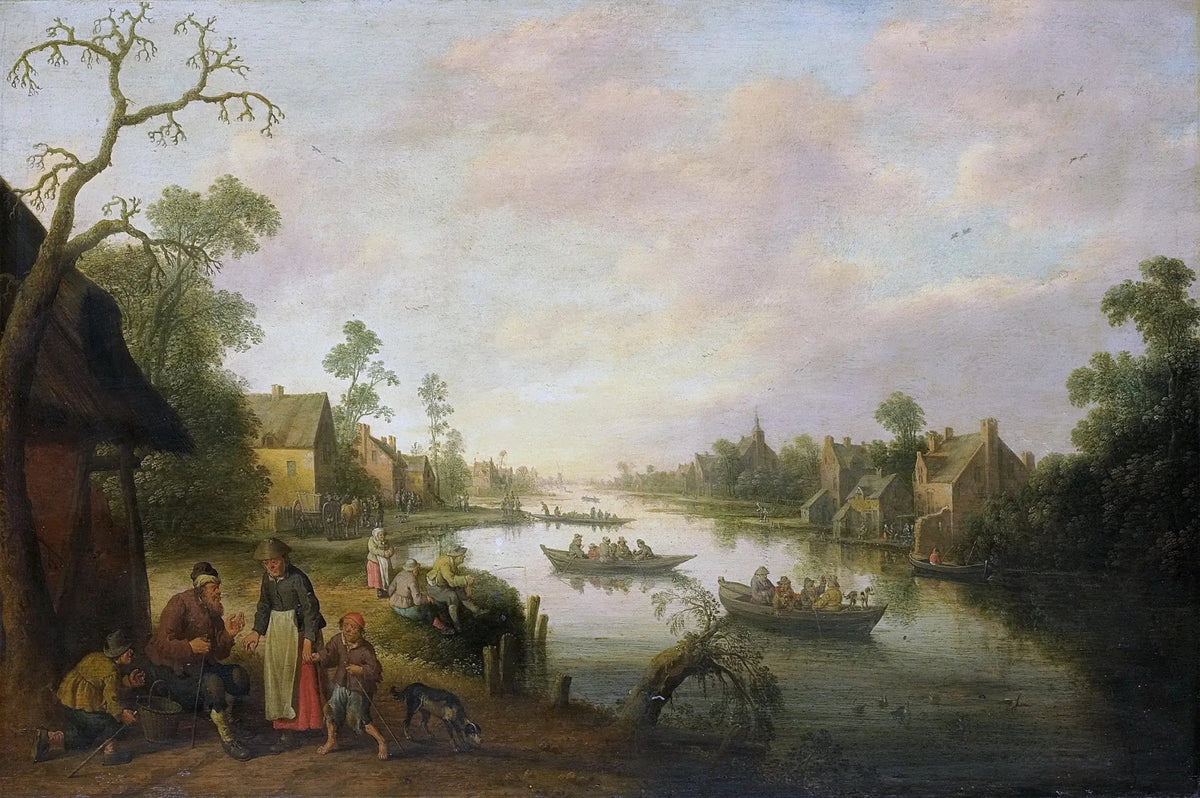 Hand painted landscape oil painting on canvas featuring a peaceful riverside village with boats, figures, and textured. - Add Frame, Boat, Canvas, Figure, Hand Painted, Landscape, Made To Order, Oil Painting, River, Village