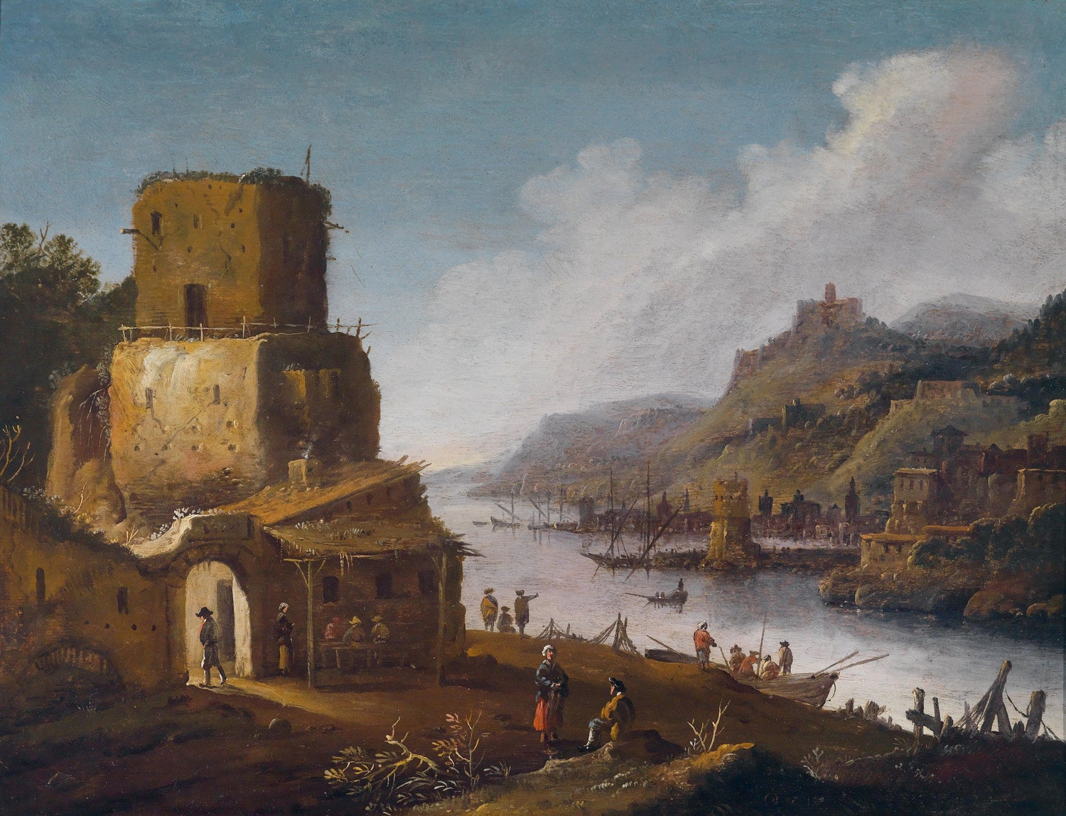 Hand-painted riverside village with ancient tower landscape oil painting on canvas
